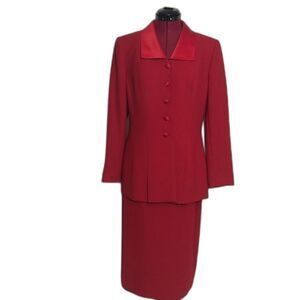 Le Suit Skirt Suit Women's Size 10 Red 2-Piece Set Blazer & Skirt Satin Trim